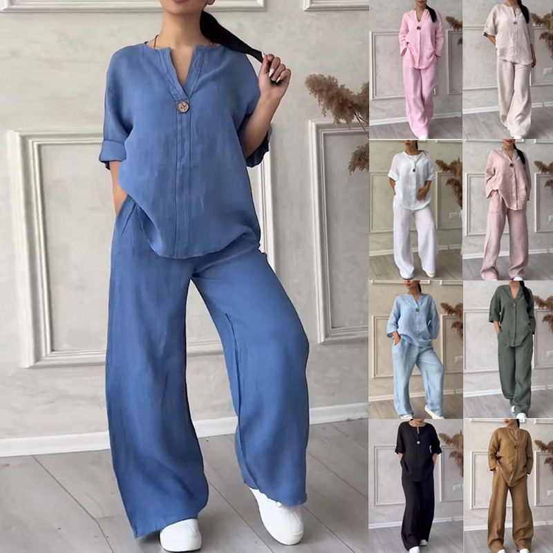Women's Solid Color Cotton-Linen Casual Pant Set
