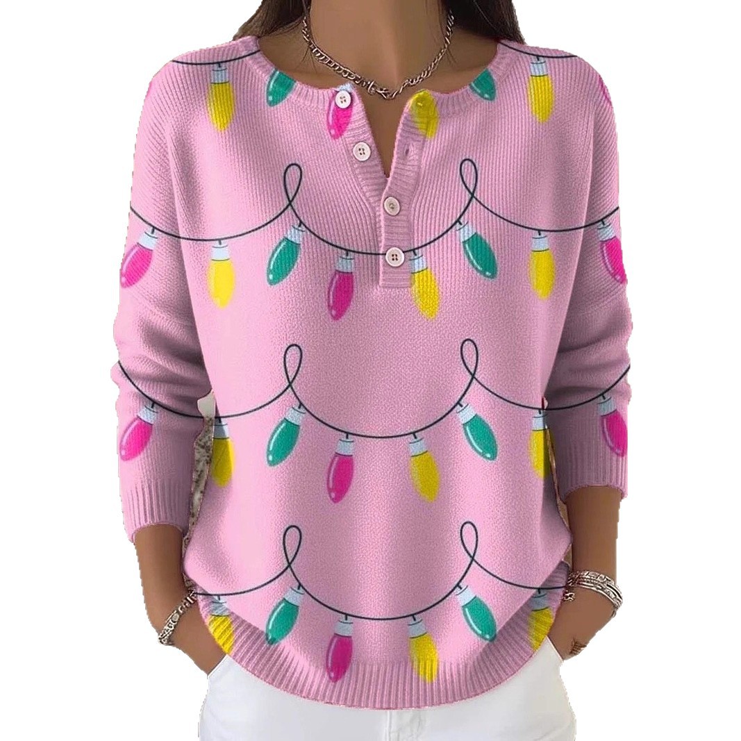 Women's Christmas Animal Lantern Print Button Sweatshirt