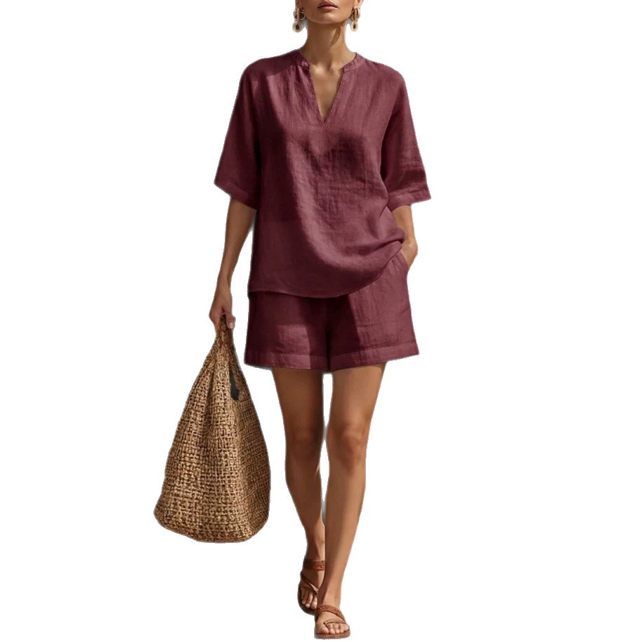 Women's Solid V-Neck Linen-Cotton Top and Shorts Two-Piece Set
