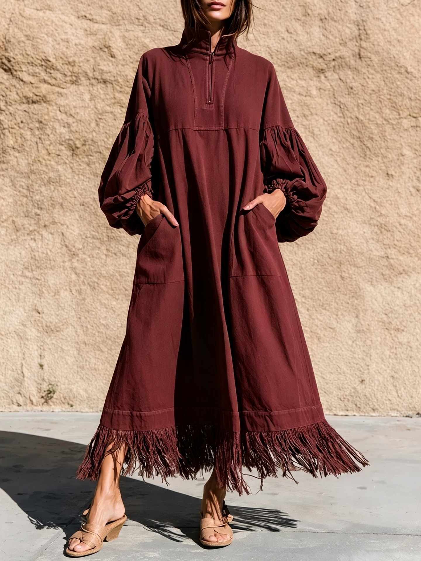 Women's Stand Collar Zip Lantern Sleeve Loose Dress with Fringe Hem
