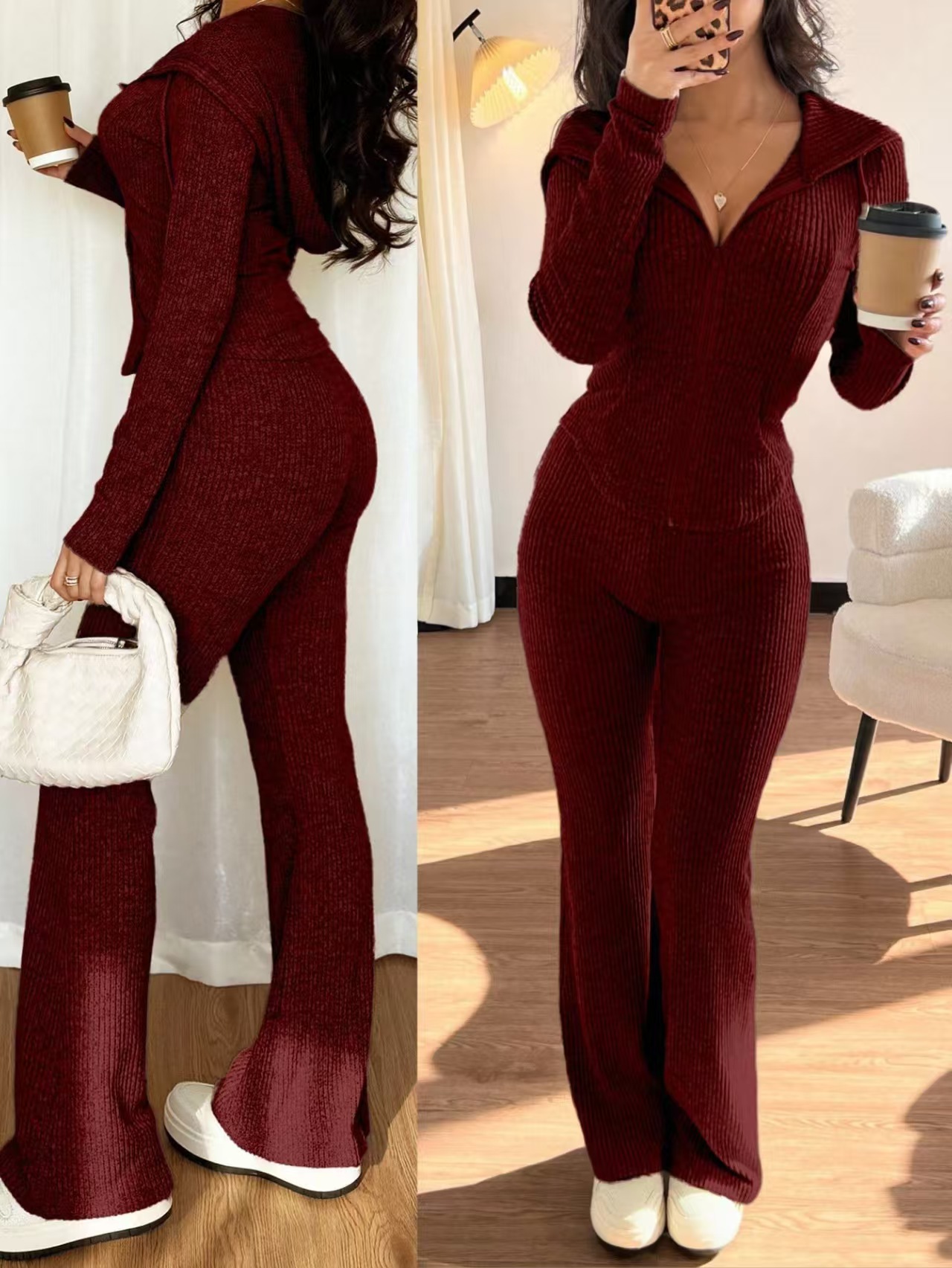 Women's Slim Fit Zip-Up Top and Pants Set