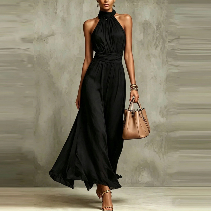 Women's Sleeveless Halter Neck Ruched Waist A-Line Long Dress