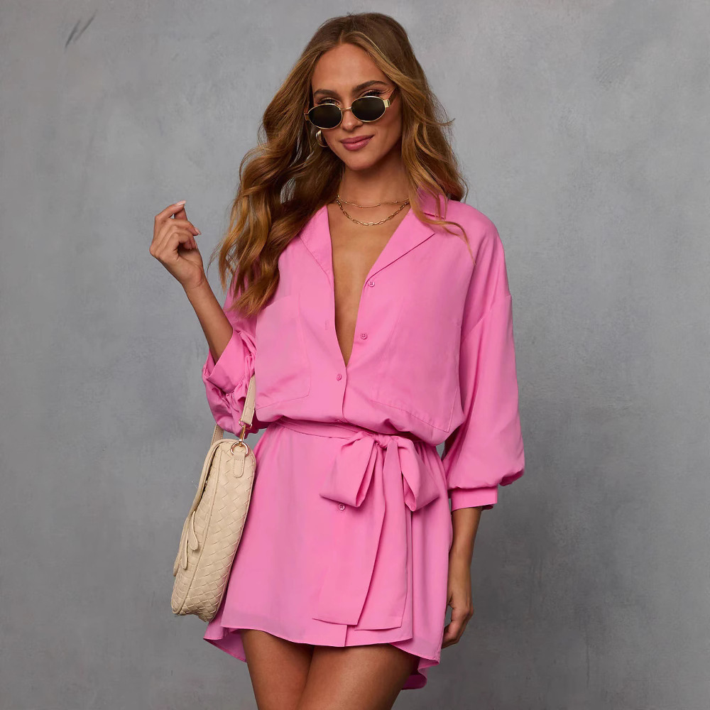 Women's Long Sleeve Solid Tie Shirt Dress