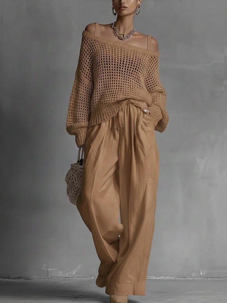 Women's Open-Knit Top and Cotton-Linen Pants Two-Piece Set