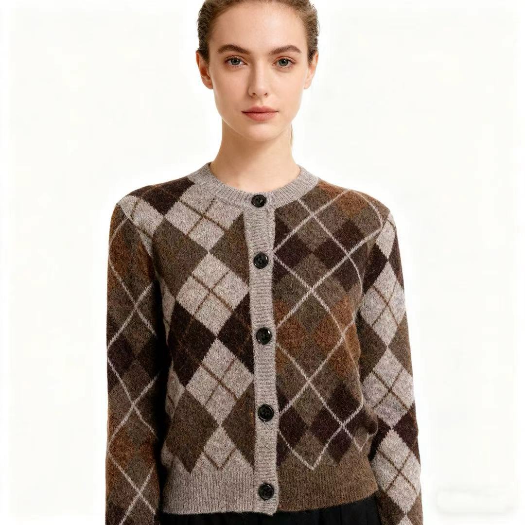 Women's Argyle Knit Cardigan Sweater Long Sleeve Crew Neck