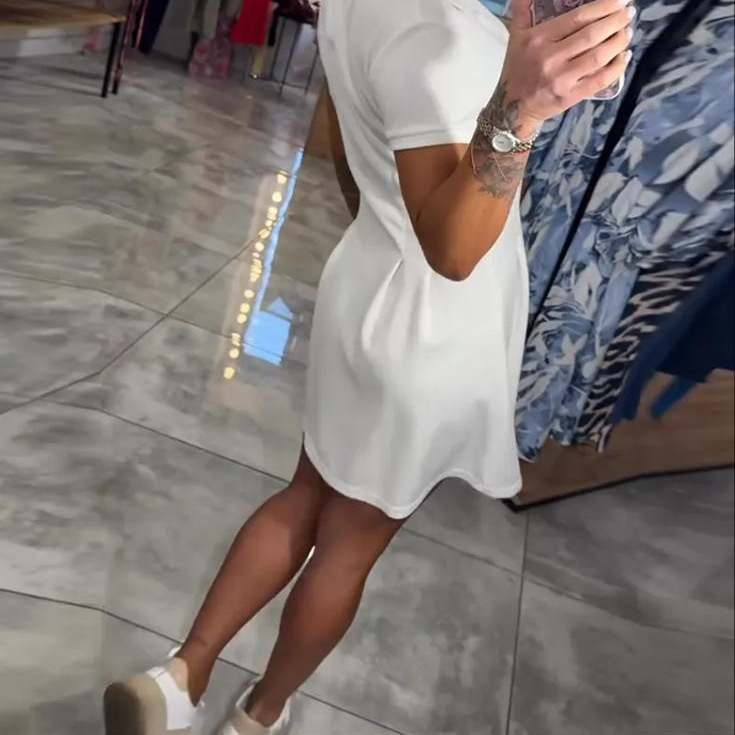Sexy V-Neck Twist Waist Short Sleeve Casual Dress Solid Color Vacation Dress