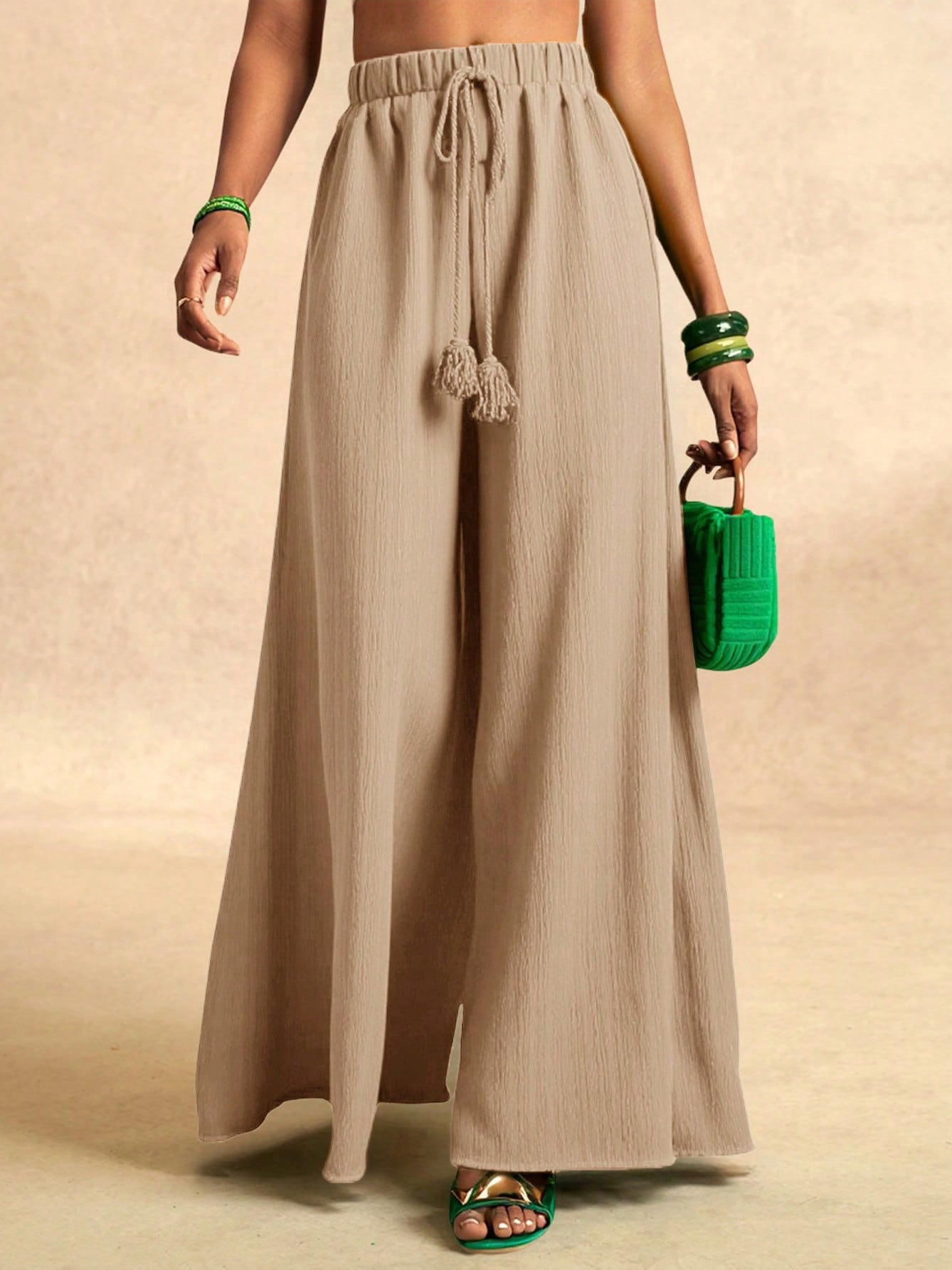 Women's High-Waist Wide-Leg Pants with Slant Pockets Solid Color Casual