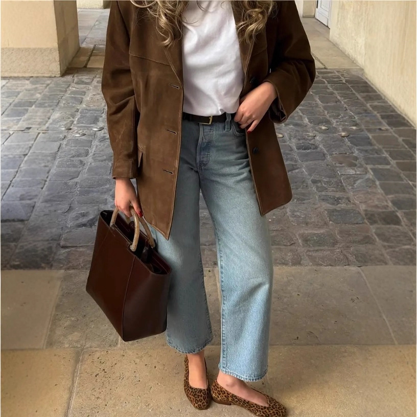 Women's Faux Suede Blazer Jacket Solid Color Long Sleeve