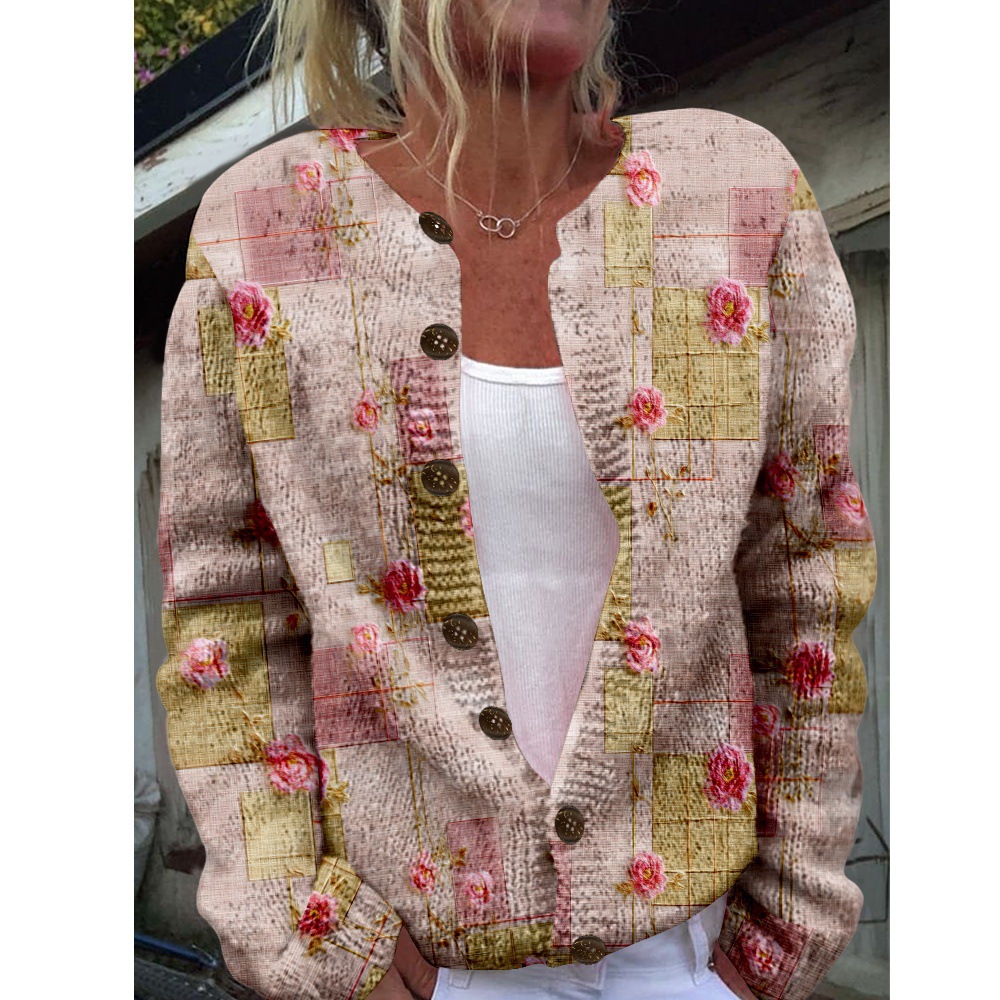 Women's Plaid Floral Print Button-Down Cardigan Sweater