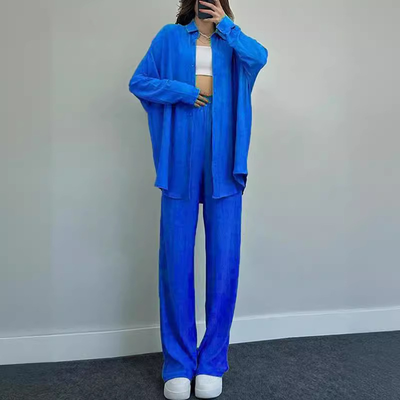 Women's Loose Stretch Crinkle Long Sleeve Shirt & Wide Leg Pants Casual 2-Piece Set