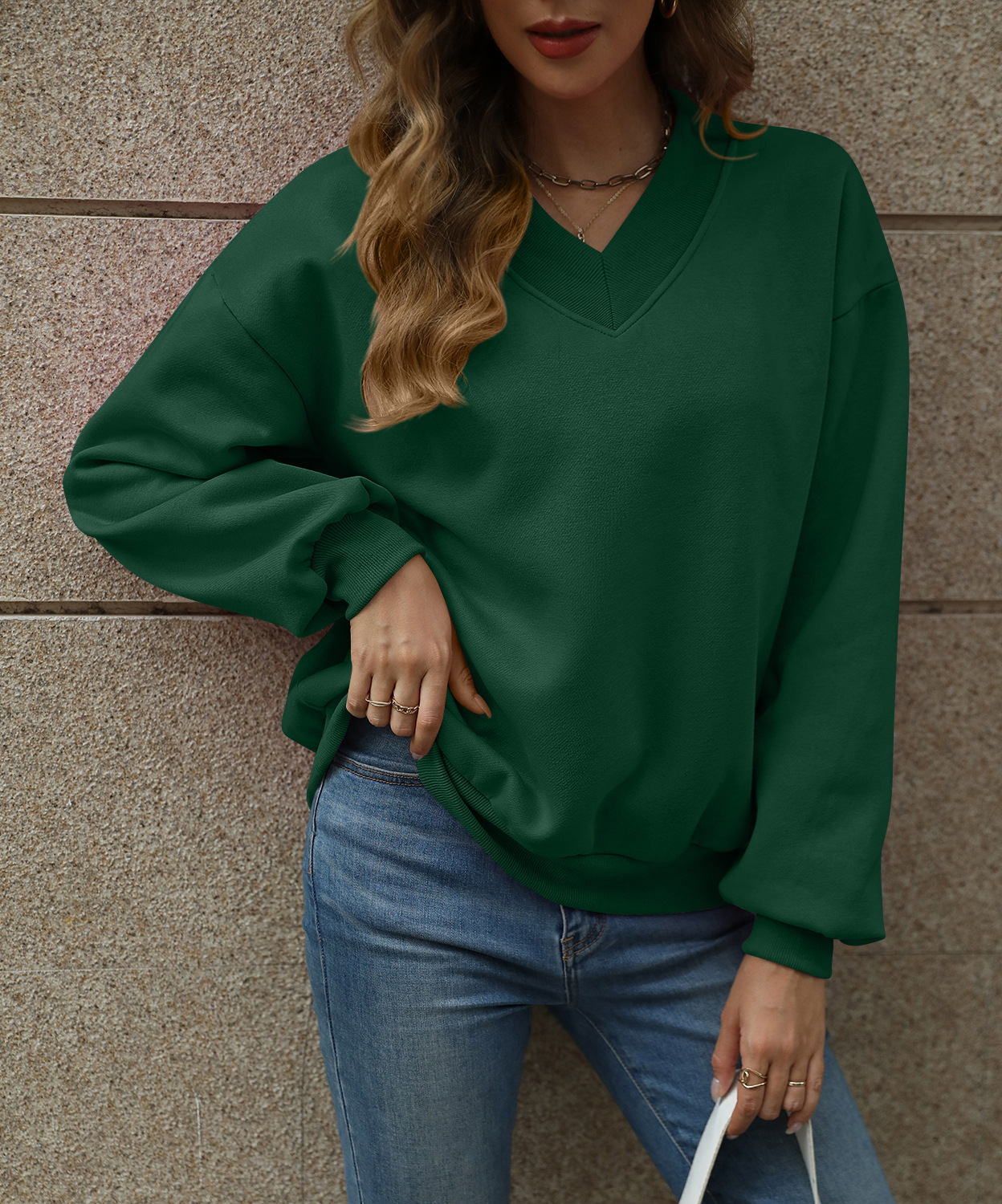 Women's V-Neck Fleece-Lined Loose Pullover Sweatshirt