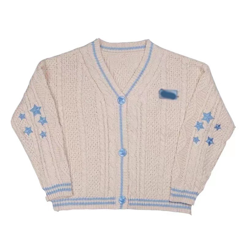 Women's Loose V-Neck Star Embroidered Knit Cardigan Sweater