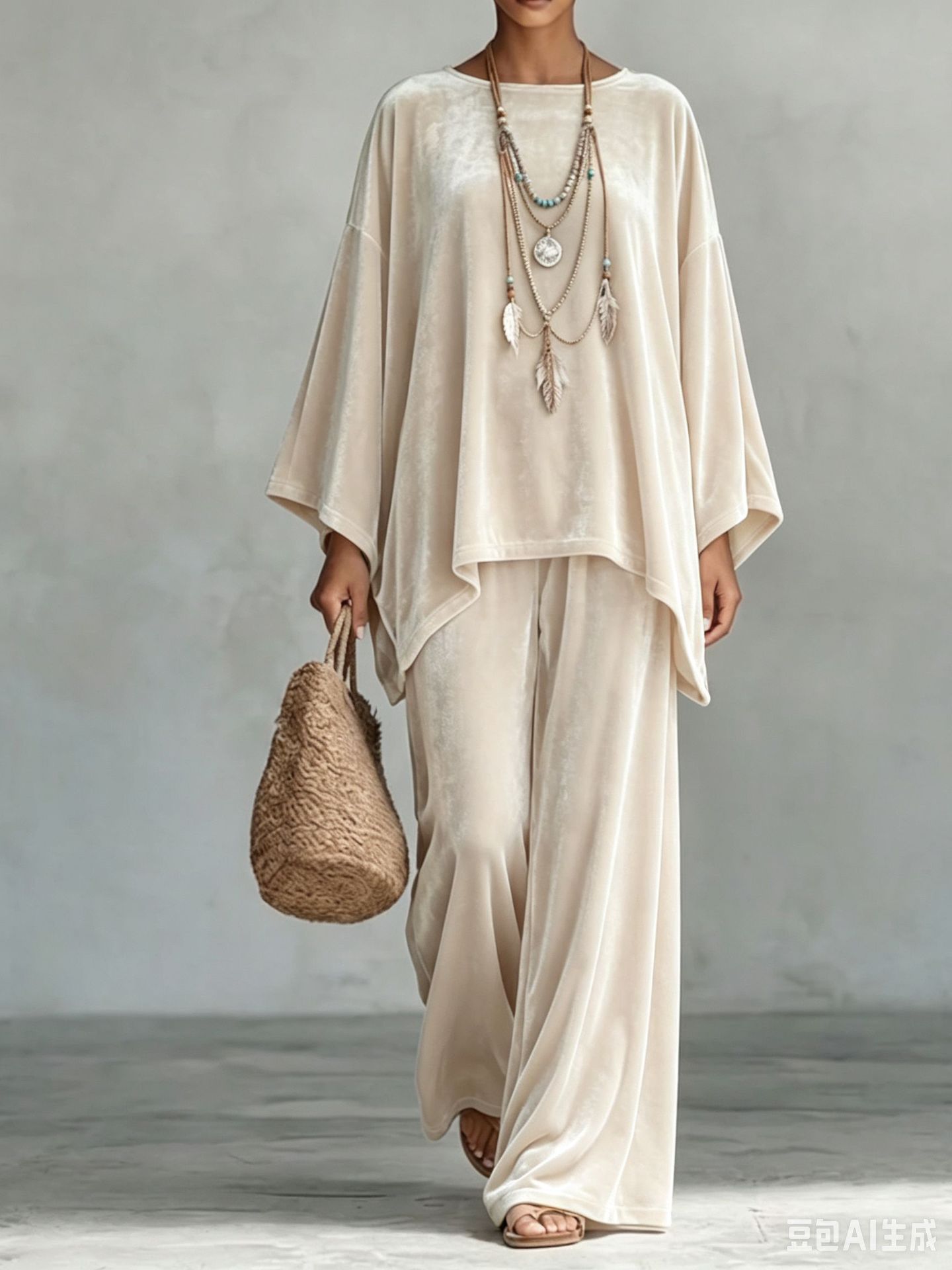 Velvet Round Neck Long Sleeve Loose Top & Wide Leg Pants Set