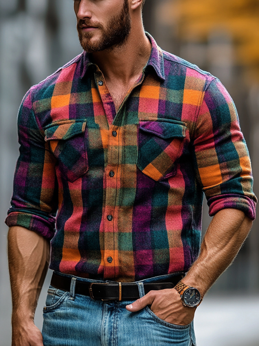 Men's Plaid Print Fleece-Lined Button-Down Shirt with Pockets