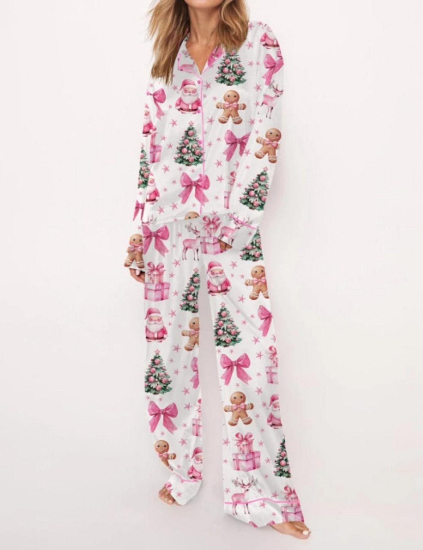 Christmas Tree Print Cuban Collar Long Sleeve Women's Set