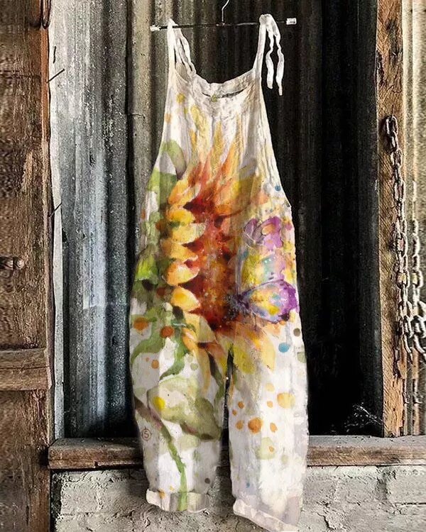 Women's Printed Cotton-Linen Cami Jumpsuit Sleeveless Wide-Leg Beach Romper
