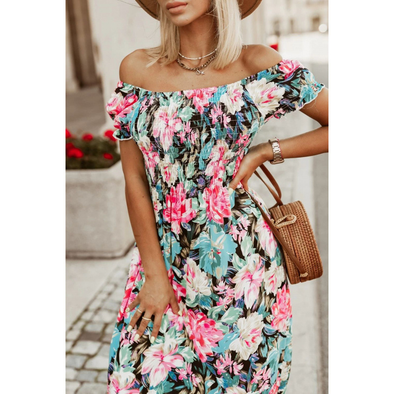 Printed High-Waist Fitted Dress with Asymmetric One-Shoulder and Ruffled Sleeves