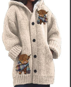 Women's Floral Puppy Rose Print Hooded Button Cardigan Sweater