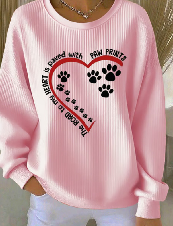 Women's Animal Wine Glass Paw Print Heart Print Crewneck Sweatshirt