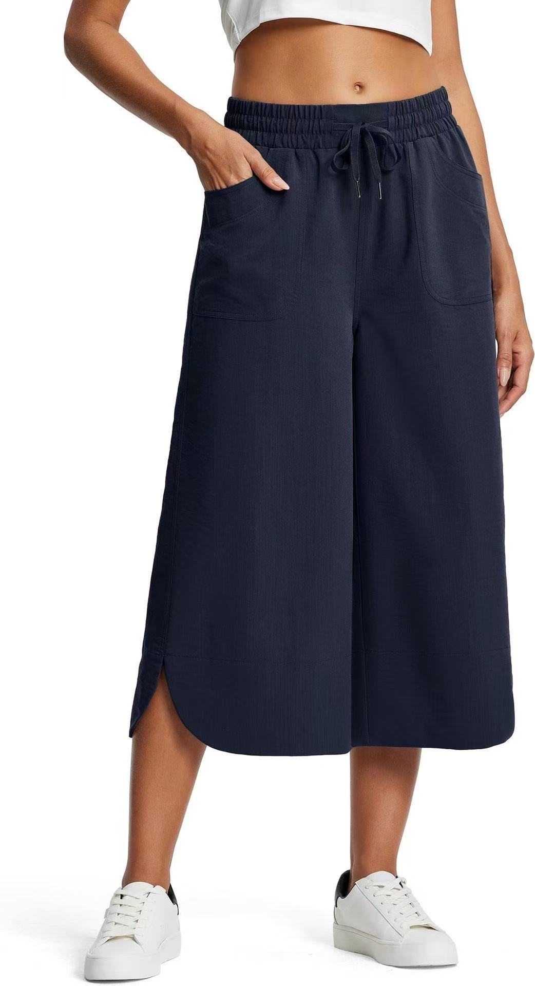 Women's Elastic Waist Solid Color Wide Leg Cropped Pants