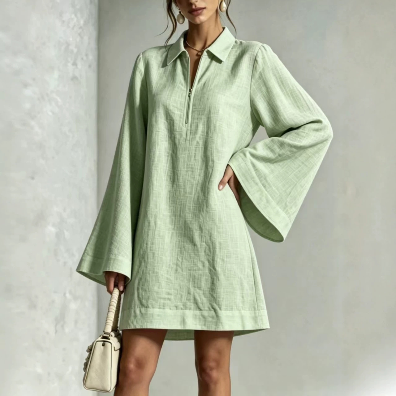 Solid Color Half-Zip Collared Loose Long-Sleeve Casual Dress