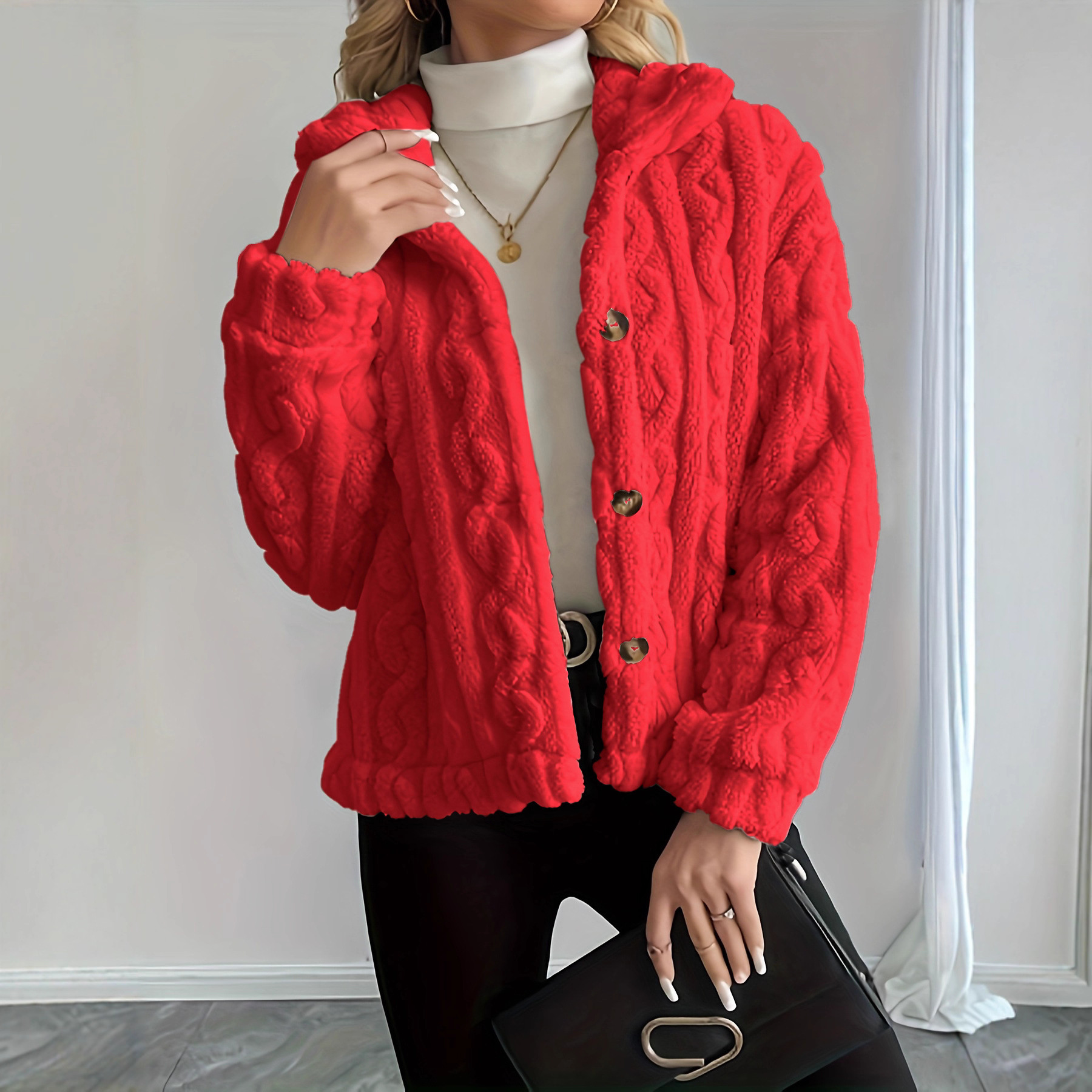 Double-Sided Fleece Cable-Knit Women's Jacket Cozy Warm Button-Up Coat