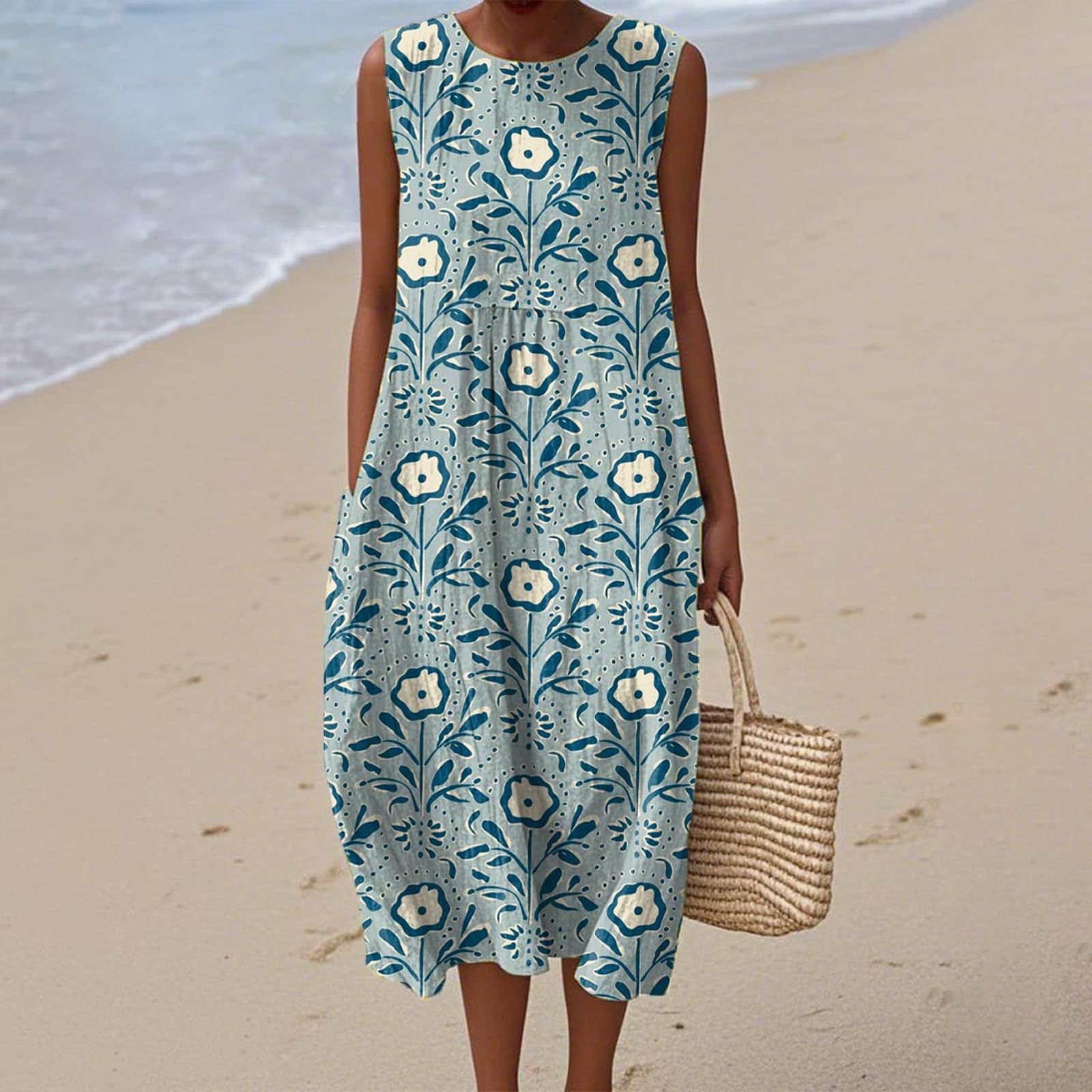 Women's Vintage Floral Print Midi Dress Sleeveless Round Neck Slim Fit