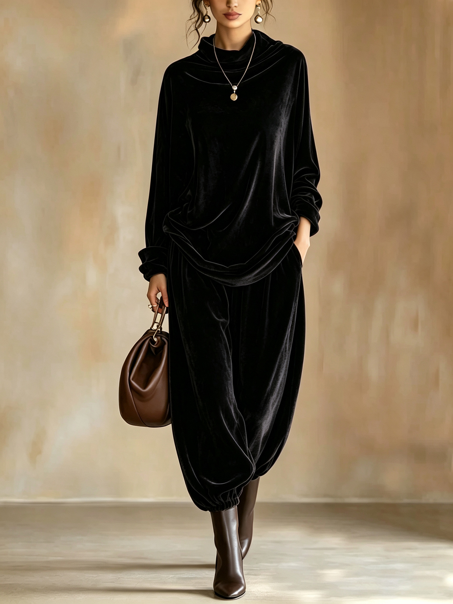 Women's Velvet Two-Piece Set with Cowl Neck Top and Harem Pants