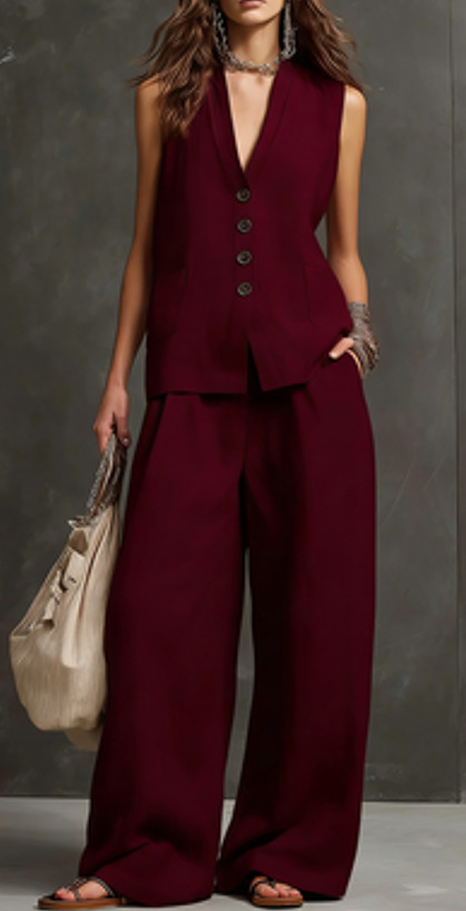 Women's Linen Sleeveless Vest & Wide-Leg Pants Set