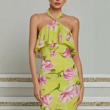 Halter Neck Floral Ruffle Maxi Dress Slimming Asymmetric Vacation Dress