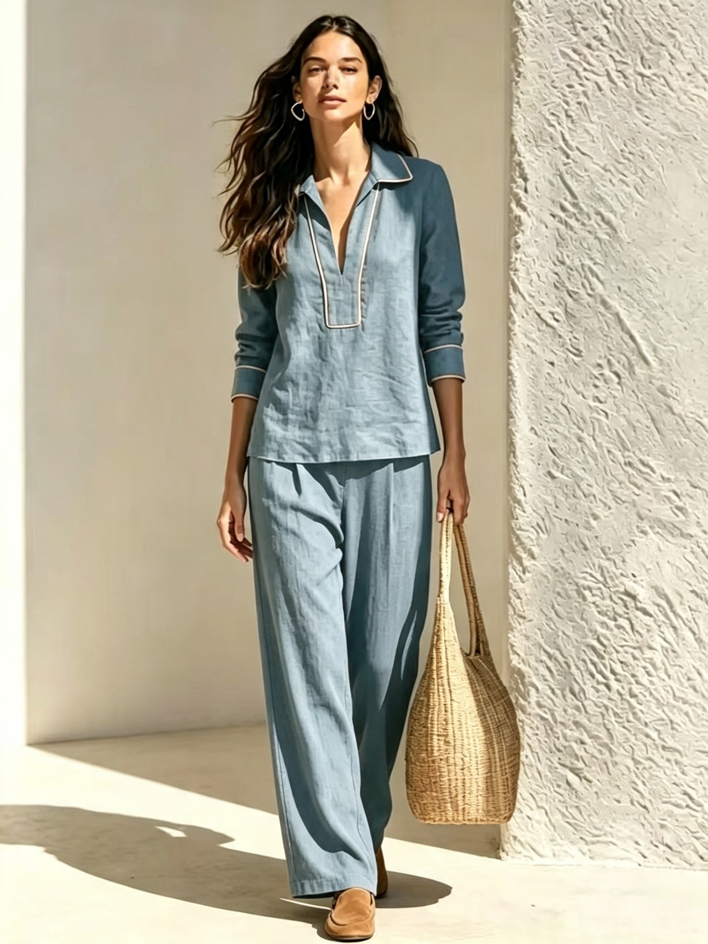 Women's Linen-Blend Pullover Hoodie Two-Piece Set Long Sleeve