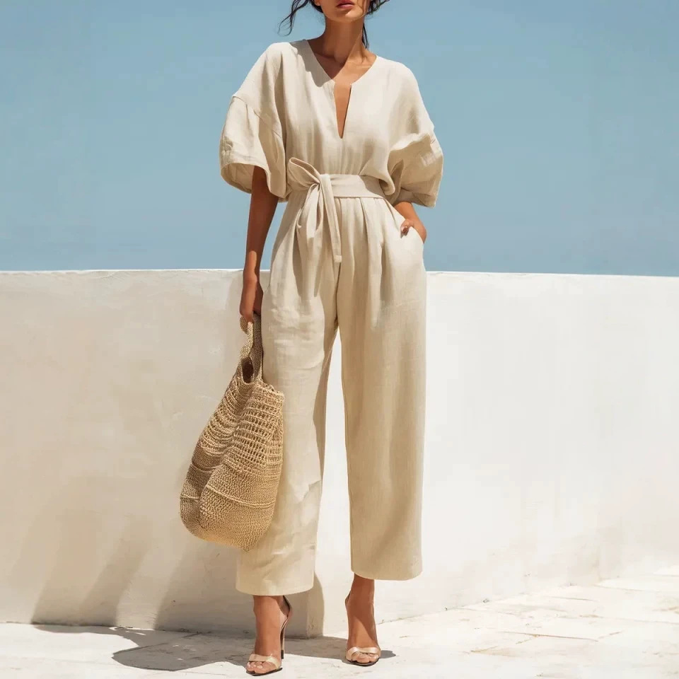 Elegant V-Neck Solid Cotton-Blend Jumpsuit for Women