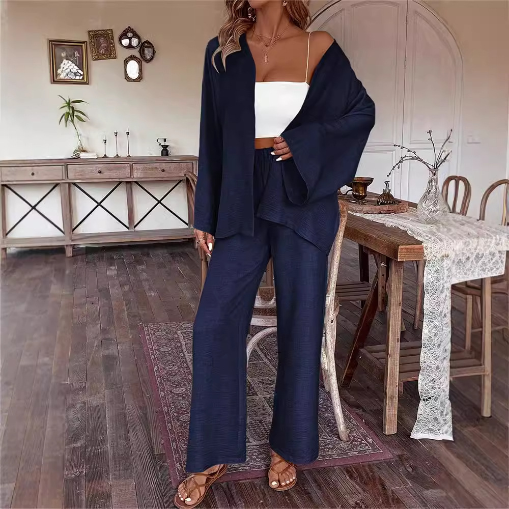 Women's Cotton-Linen Cardigan & Wide-Leg Pants Two-Piece Set