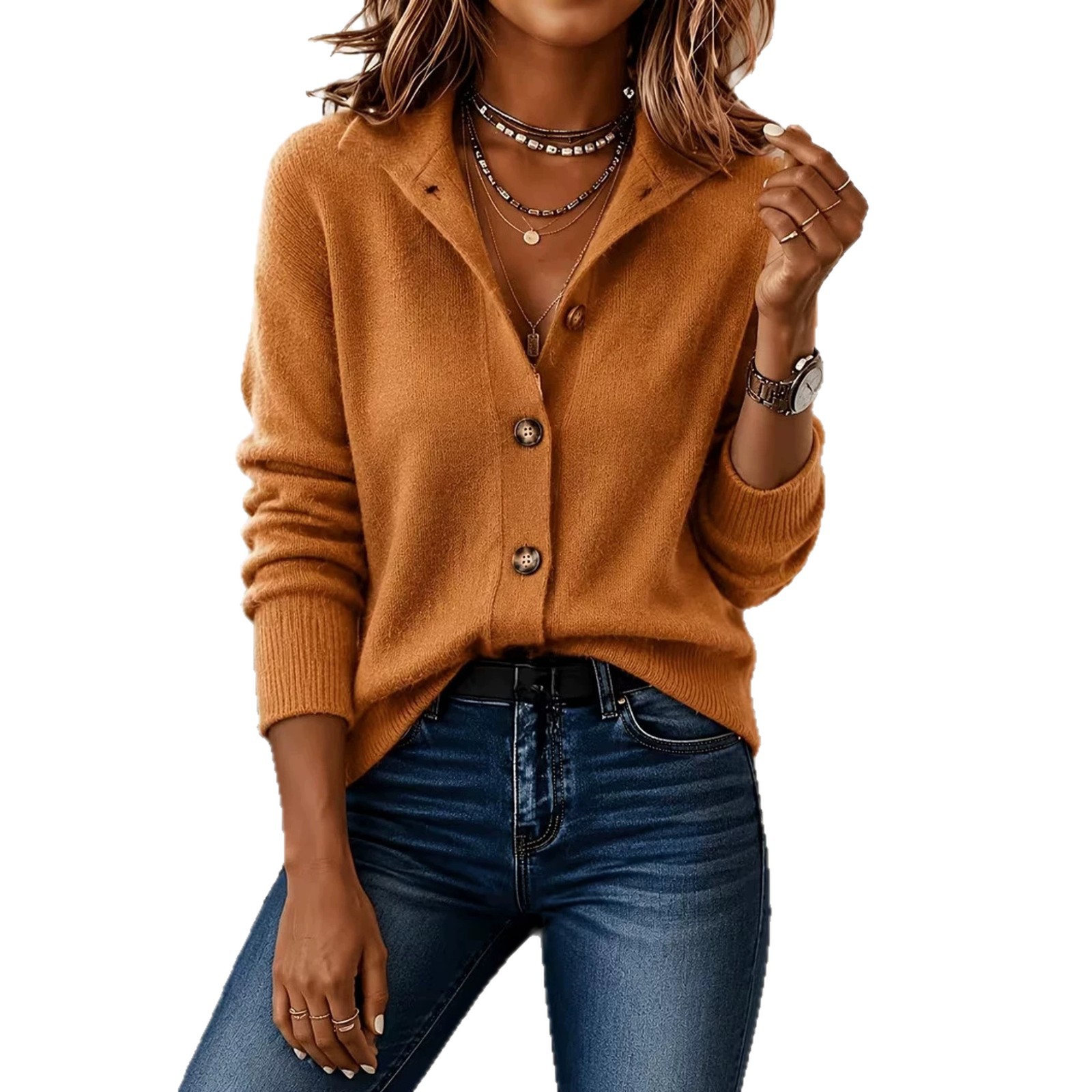 Women's Vintage Solid Stand Collar Cardigan Loose Casual Jacket
