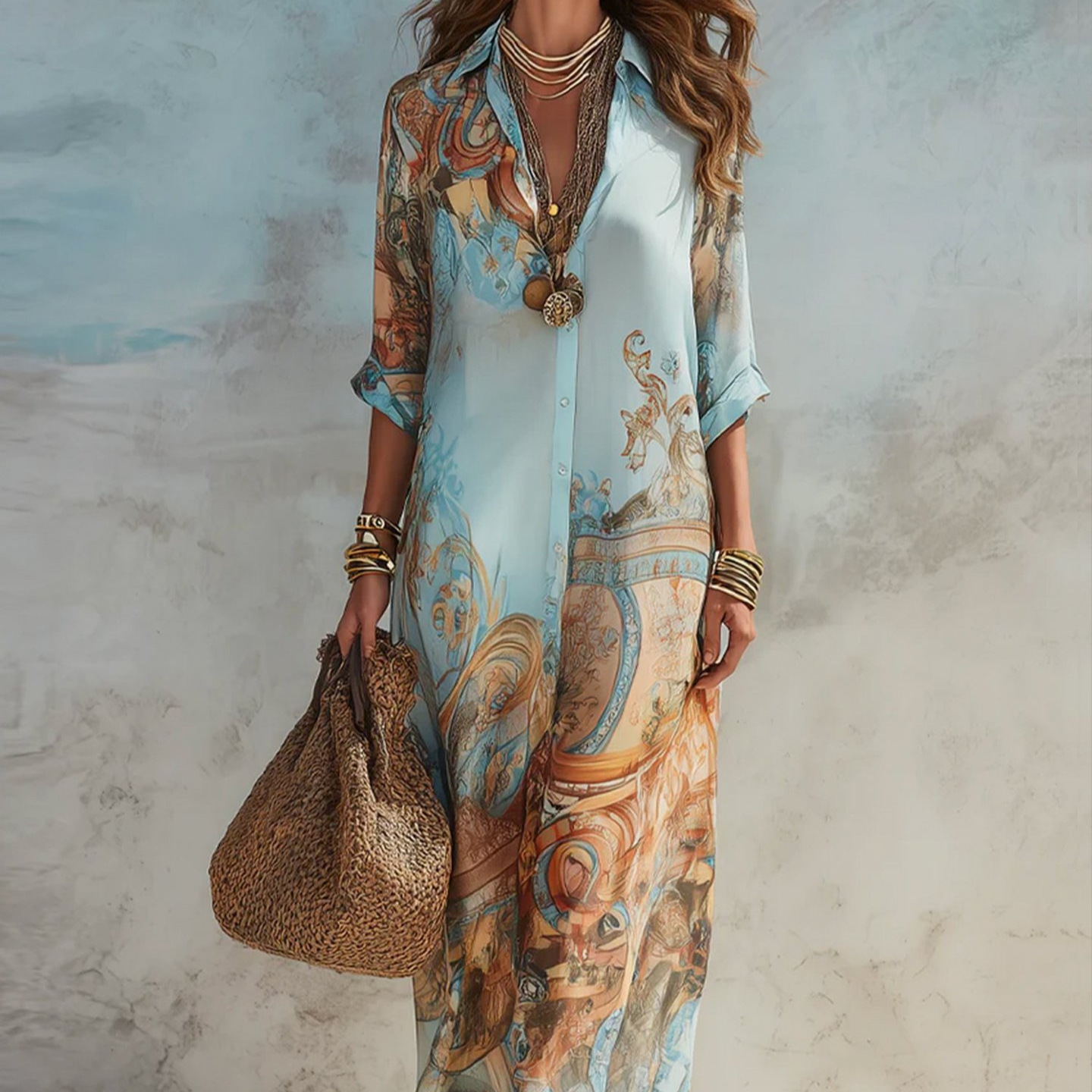 Floral Print Collared Midi Shirt Dress with Puff Sleeves