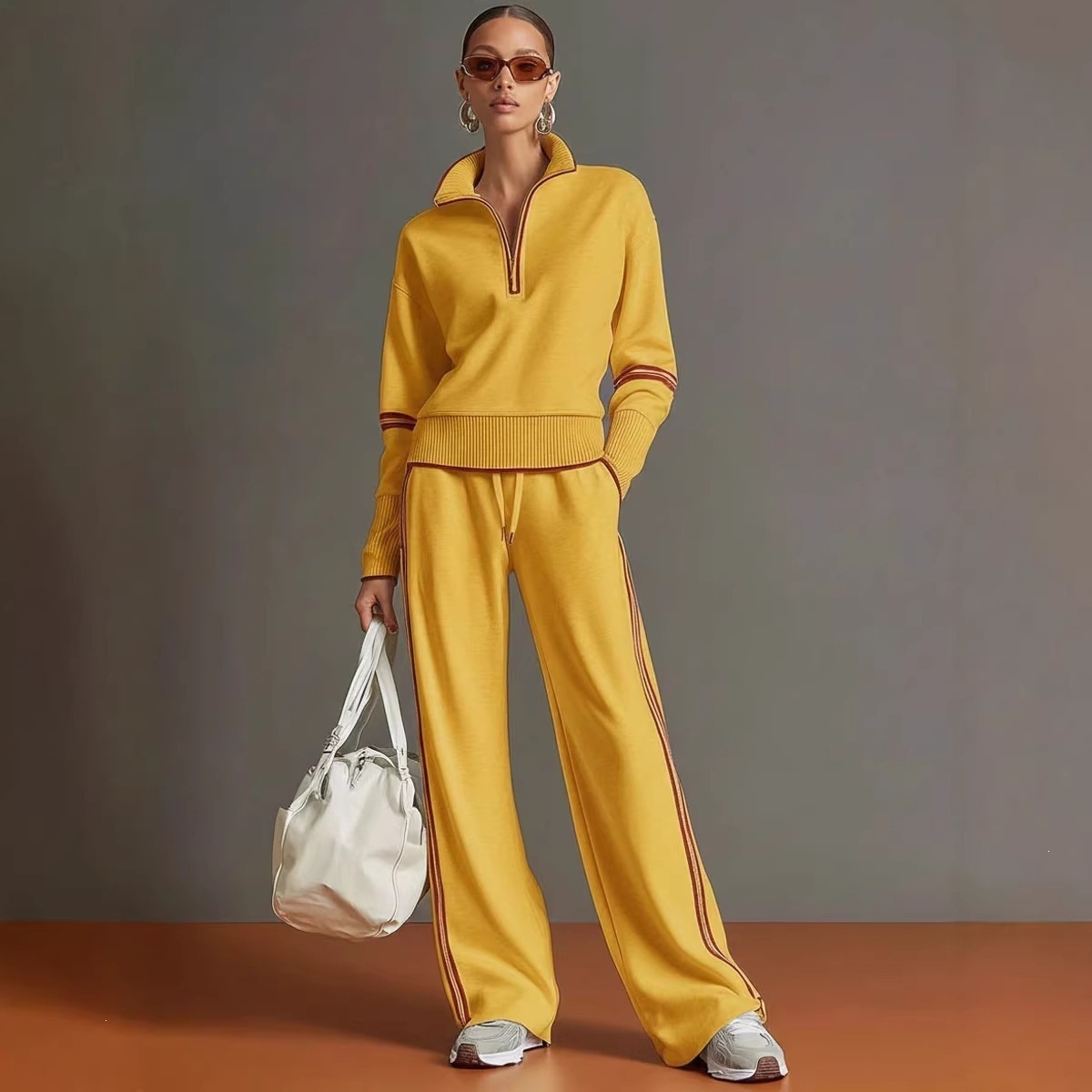 Women's Color-Block Stand Collar Hoodie & Wide-Leg Pants Casual Sport Set