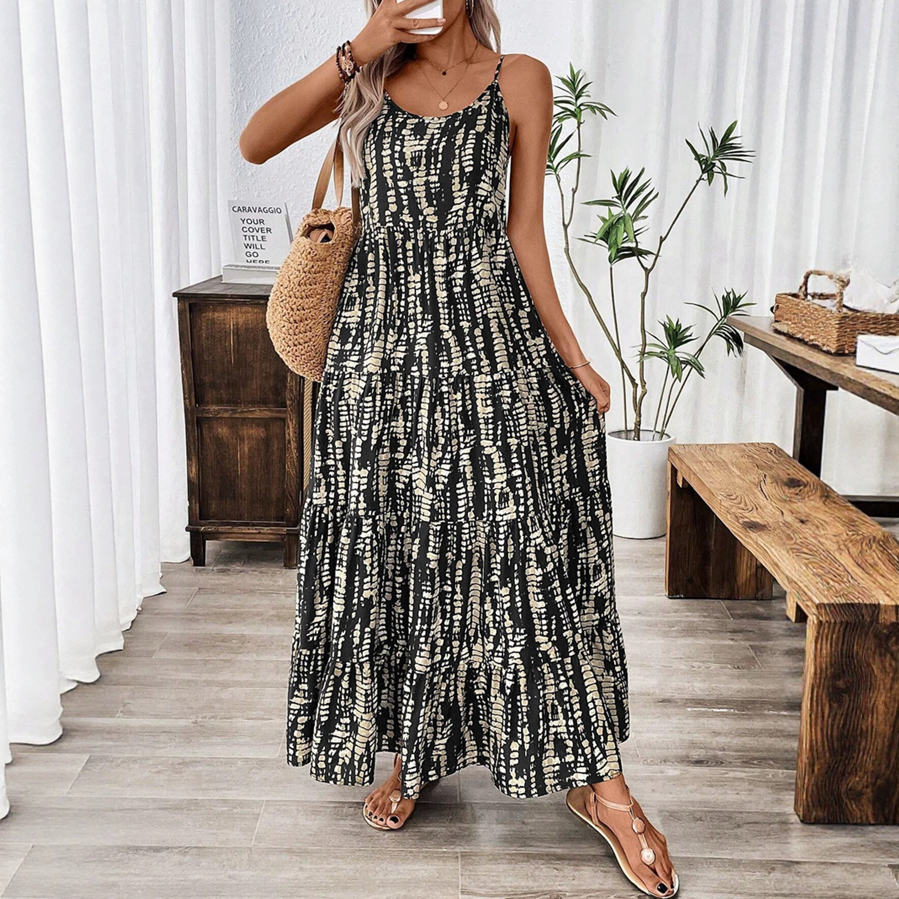 Tie-Dye Print V-Neck Sleeveless Maxi Dress Casual Loose Fit