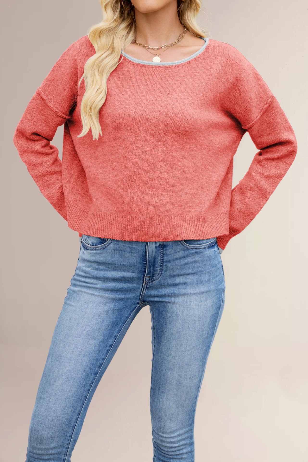 Women's Color-Block Crewneck Knit Sweater Loose Pullover