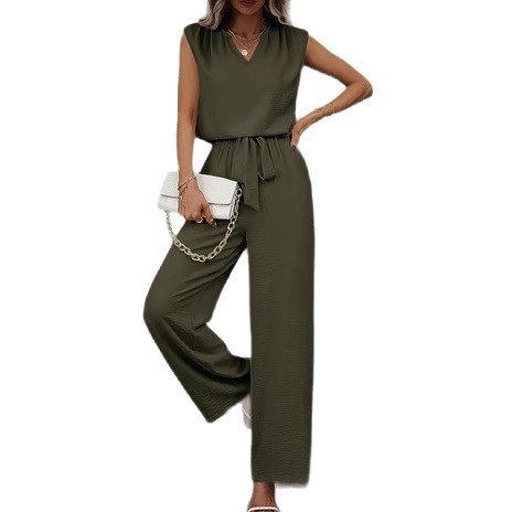 Solid Sleeveless V-Neck Loose Top and Tie-Waist Wide-Leg Pants Casual Set