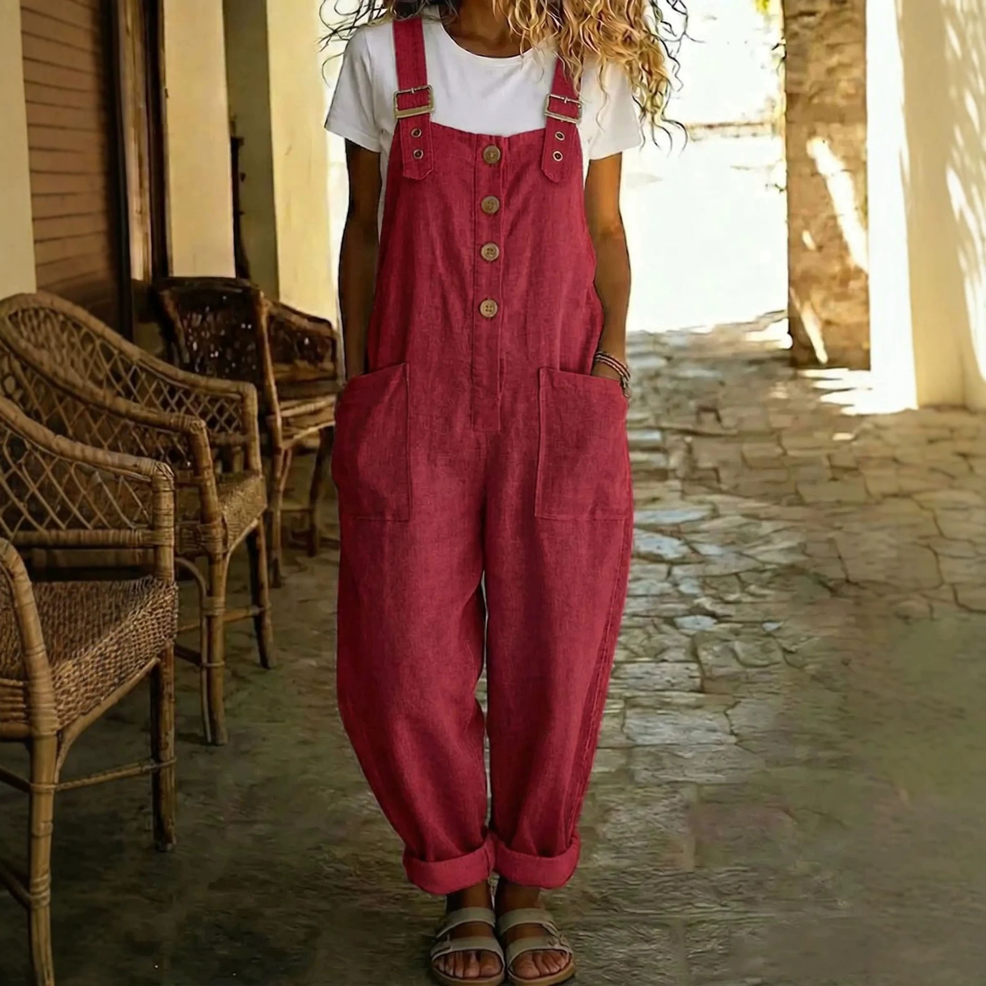Women's Cotton-Linen Solid Color Straight-Leg Overalls with Pockets