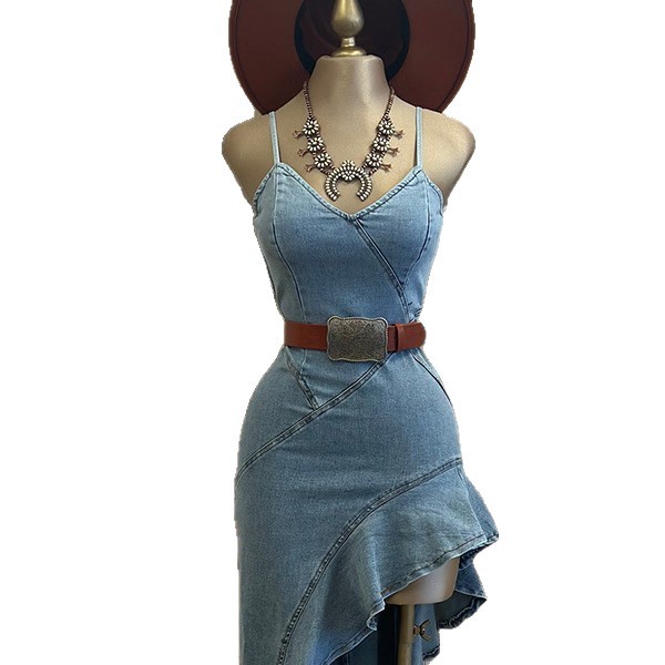 Women's Sleeveless Denim Dress Square Neck High Waist Asymmetrical Hem