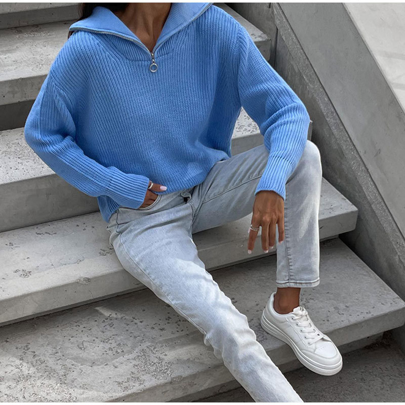 Women's Zip-Up Knit Pullover Sweater Loose Casual Long Sleeve