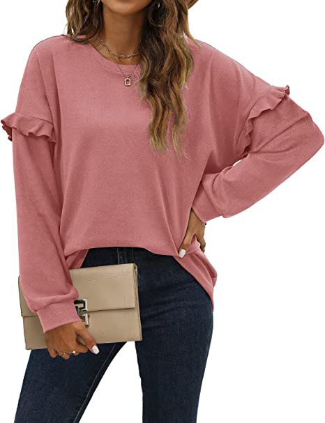 Women's Solid Color Crewneck Sweatshirt with Ruffle Trim Long Sleeve
