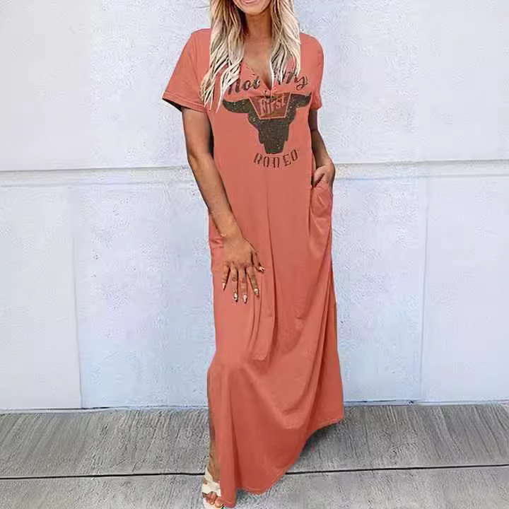 Women's Short Sleeve Round Neck Vintage Bull Head Letter Colorful Print Dress