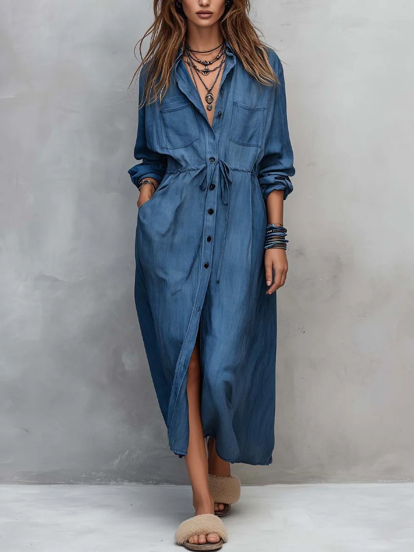 Drawstring Waist Shirt Dress Loose Fit Long Sleeve