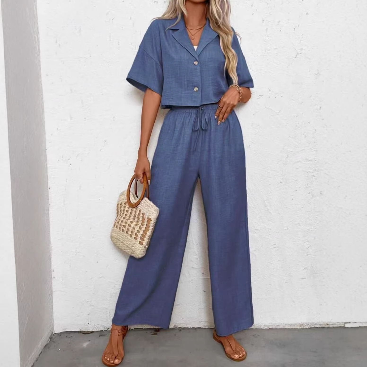 Women's Casual Wide-Leg Two-Piece Set Solid Color