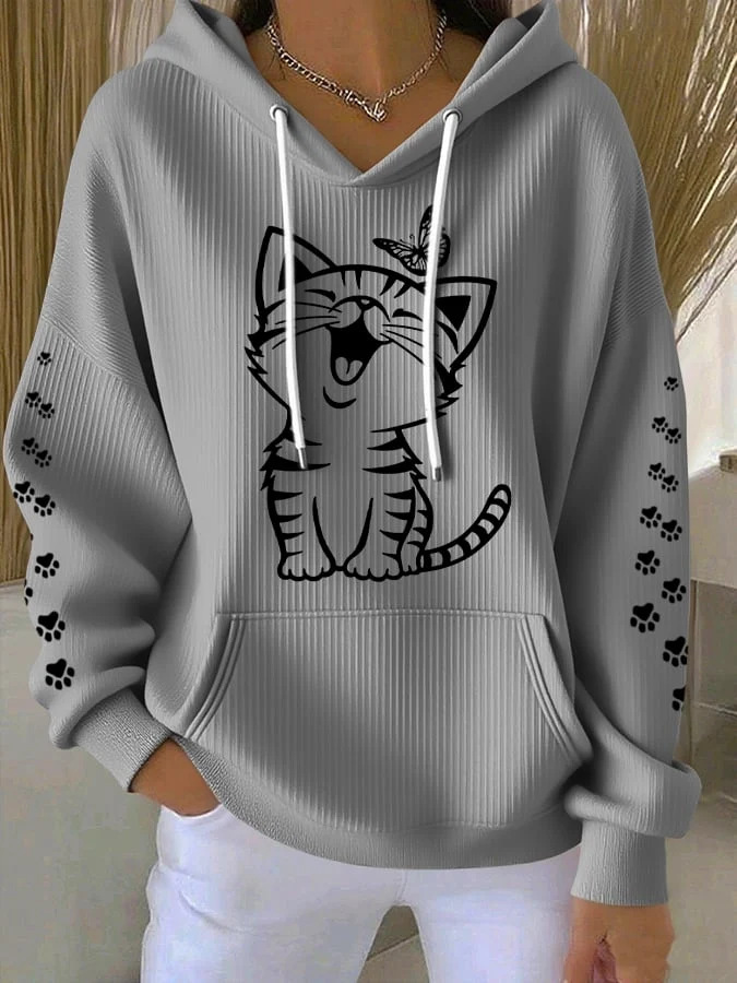 Women's Cat Paw Print Hoodie Long Sleeve Crewneck Pullover