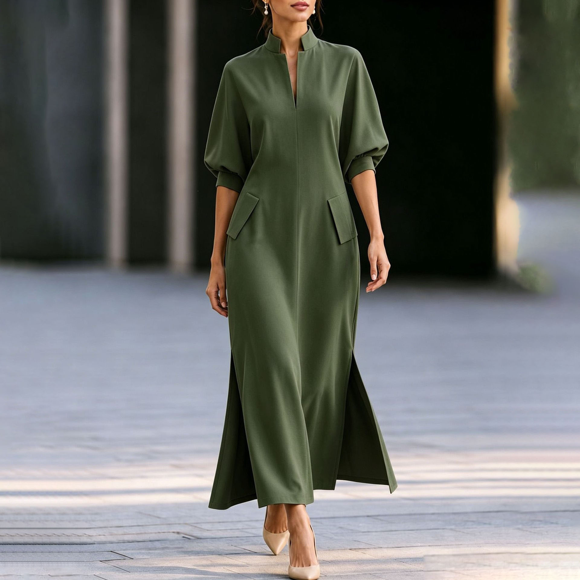 Elegant Stand Collar Lantern Sleeve High Slit Midi Dress