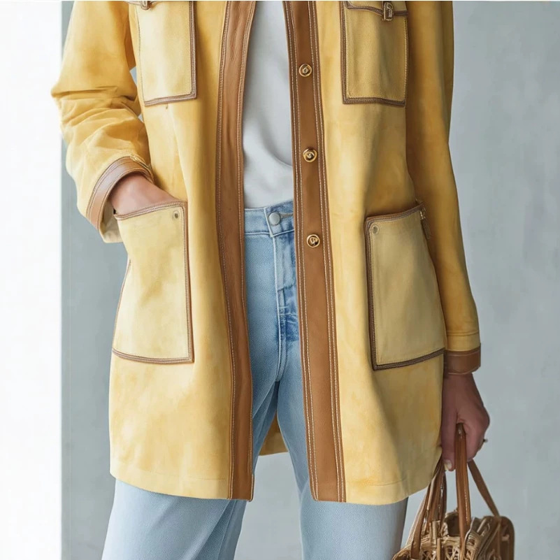 Women's Vintage Casual Mid-Length Yellow Jacket