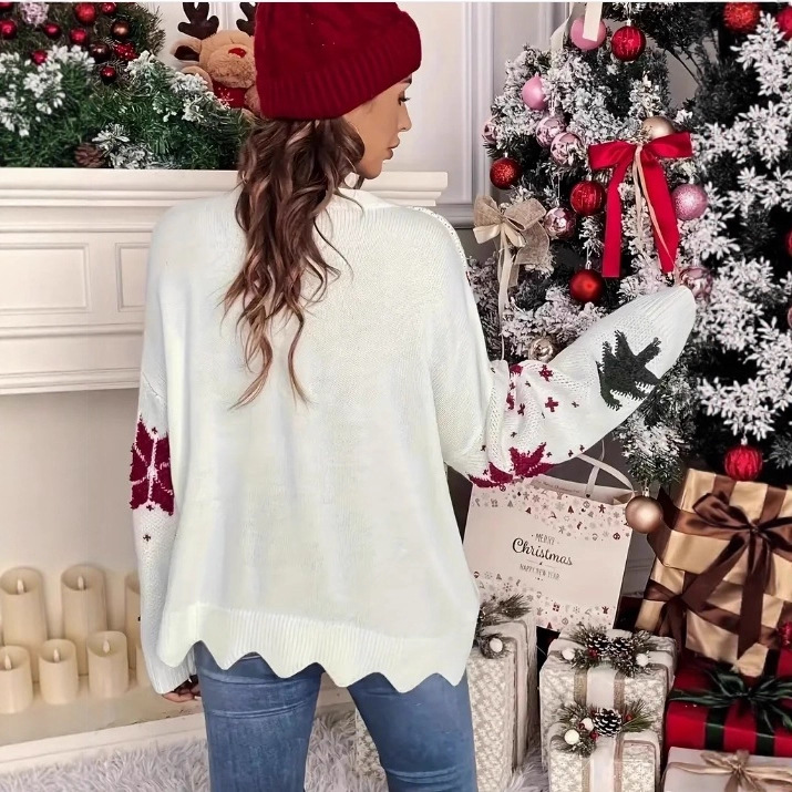 Snowflake Christmas Tree Print Crewneck Knit Sweater